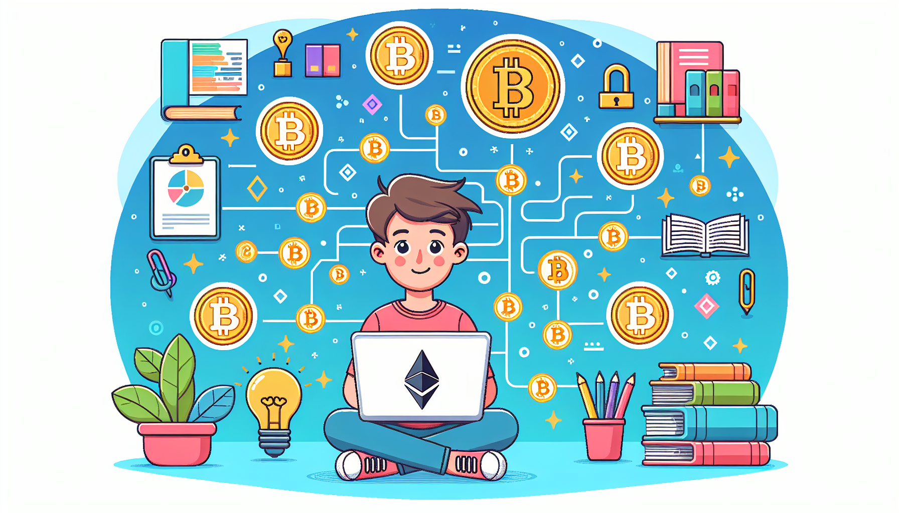 Create an image that illustrates a beginners guide to understanding cryptocurrency. Include a friendly, approachable character (like a young adult or teen) looking at a laptop, surrounded by digital coin icons (such as Bitcoin, Ethereum, etc.) and educational symbols like books and lightbulbs. The background can contain a simplified graphical representation of blockchain, with a flow of data and locks to signify security. The overall style should be modern, clean, and inviting.