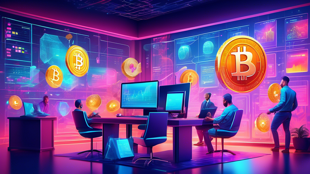 Create a vibrant and detailed illustration of a futuristic financial office with holographic charts and digital currencies like Bitcoin, Ethereum, and other cryptocurrencies floating in mid-air. The scene should convey the idea of a dynamic and evolving digital investment landscape with a professional investor analyzing the data.