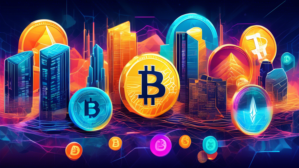 Create a detailed illustration of various vibrant and unique cryptocurrency coins, each with distinct logos, rising against a backdrop of a futuristic digital landscape. Incorporate elements like blockchain chains, digital graphs, and a cityscape symbolizing innovation. Emphasize the diversity and dynamic nature of these new altcoins in a visually engaging and informative way.