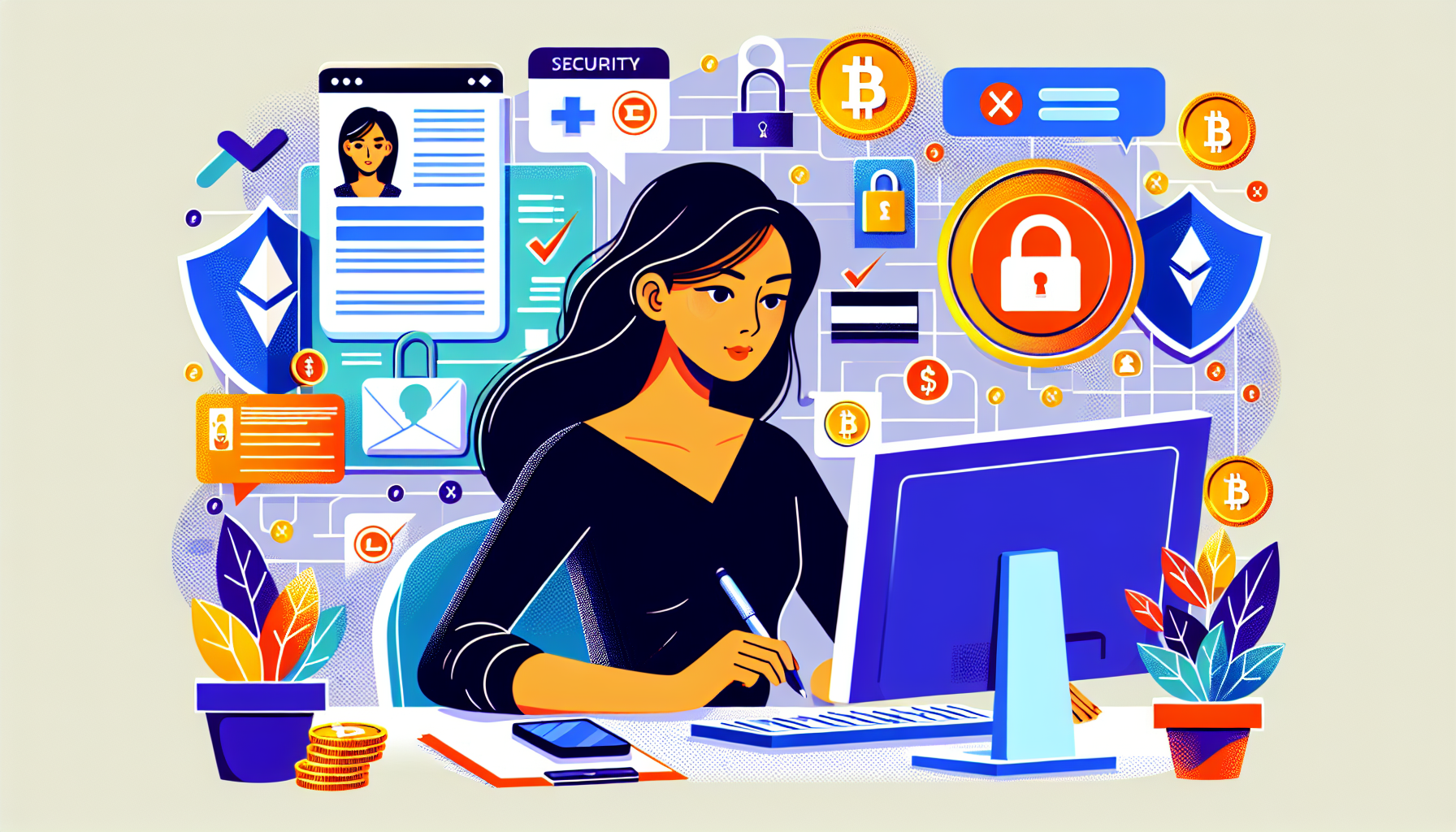 Create an informative illustration that shows a beginner purchasing cryptocurrency safely. The scene should depict a person at a computer, securely logging into a reputable exchange platform, verifying their identity with documents, and enabling two-factor authentication on their smartphone. The background should feature security icons like shields, locks, and checkmarks to emphasize safety. Include elements such as Bitcoin, Ethereum, and other recognizable cryptocurrency icons to indicate the context of digital currency.