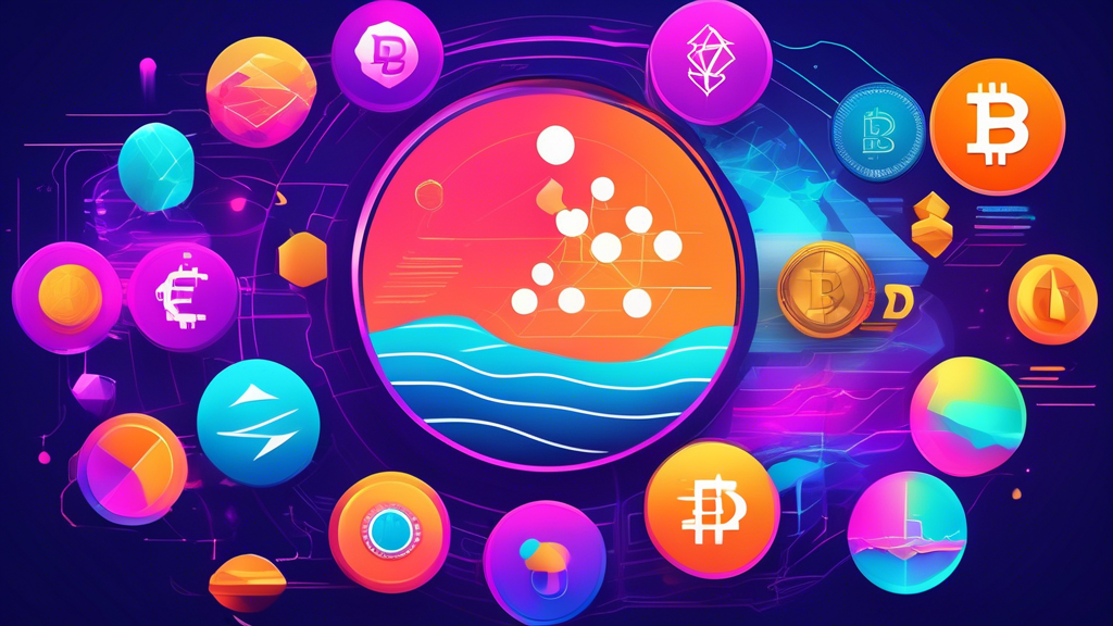 Create an image that showcases the top 10 cryptocurrencies to watch in 2022, featuring popular digital coins such as Bitcoin, Ethereum, Binance Coin, Solana, Cardano, XRP, Polkadot, Dogecoin, Avalanche, and Terra. The image should have a futuristic feel, with vibrant colors and a digital, high-tech background, highlighting the logos and names of each cryptocurrency.