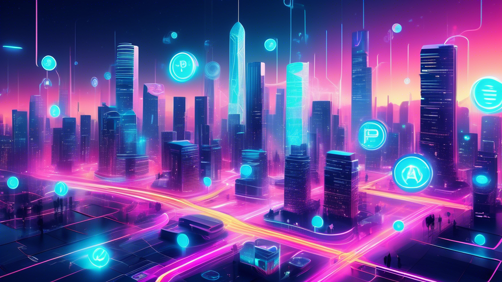 Create a futuristic cityscape with advanced digital infrastructure, where people are using Pi currency for transactions. Show holographic devices displaying Pi coins, and citizens using smartphones and other gadgets to complete transactions. Integrate urban elements like smart stores, autonomous vehicles, and seamless data flow represented by glowing lines in the sky.