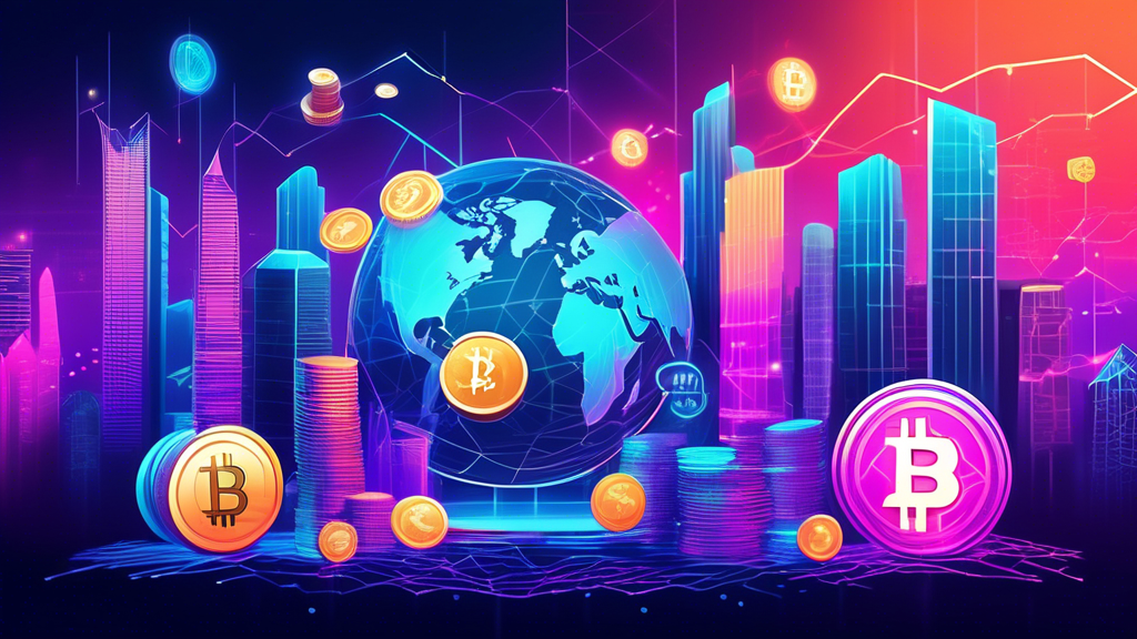 Create a digital illustration depicting a futuristic financial market with various cryptocurrencies represented as vibrant, floating coins. Highlight prominent coins such as Bitcoin, Ethereum, and others with labels like Top Picks for 2022. The backdrop should feature a dynamic cityscape with holographic charts and graphs indicating growth and trends. Emphasize a theme of innovation and investment opportunities.