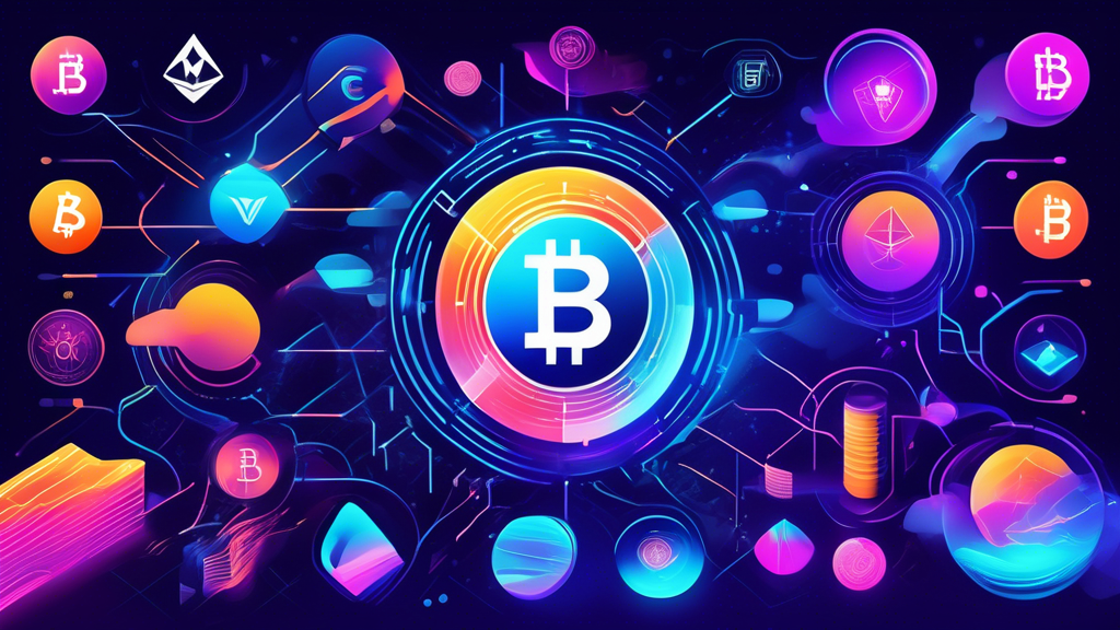 Create a vibrant and futuristic illustration featuring the top 10 best cryptocurrencies to buy in 2022. Each cryptocurrency should be represented by its distinctive logo and symbol, arranged in a visually engaging and dynamic way. The scene should include a glowing digital world background with elements like blockchain grids, rising stock charts, and high-tech gadgets, evoking the cutting-edge, innovative spirit of the cryptocurrency market. Include Bitcoin (BTC), Ethereum (ETH), Binance Coin (BNB), Solana (SOL), Cardano (ADA), Polkadot (DOT), Terra (LUNA), Avalanche (AVAX), Chainlink (LINK), and Polygon (MATIC).