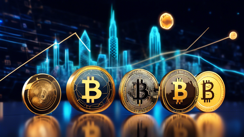 Create an image of the top 5 cryptocurrencies to invest in right now, featuring Bitcoin, Ethereum, Binance Coin, Solana, and Cardano. Show them as distinct, shiny digital coins with their respective logos, orbiting around a central glowing sphere symbolizing the dynamic and ever-evolving crypto market. In the background, include a graph with upward trends and a futuristic cityscape to convey innovation and growth.