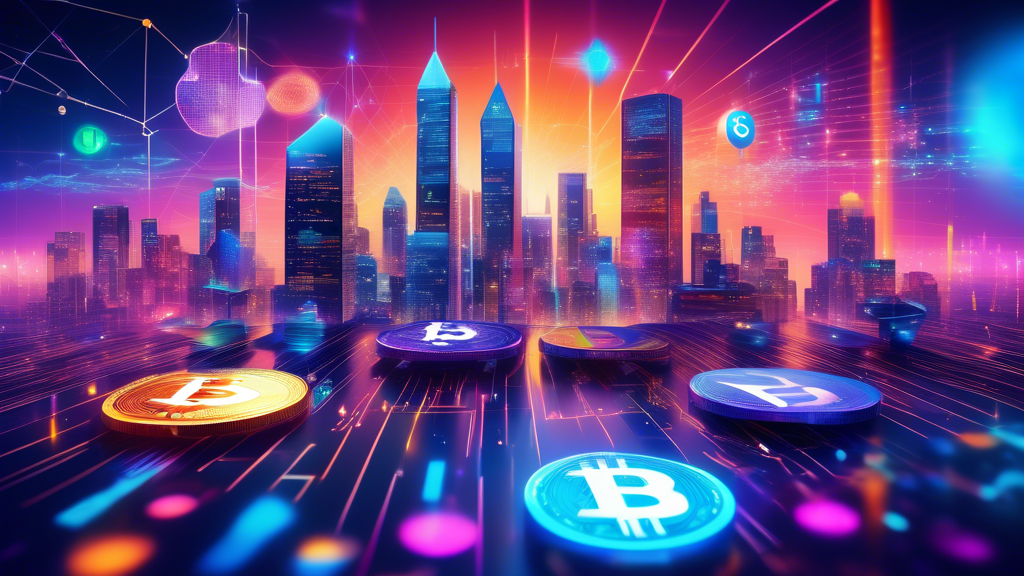 A futuristic digital scene featuring vibrant, glowing symbols of the top 5 cryptocurrencies in 2023: Bitcoin (BTC), Ethereum (ETH), Binance Coin (BNB), Cardano (ADA), and Solana (SOL). The background shows a high-tech cityscape with holographic charts and graphs, representing the dynamic and ever-evolving cryptocurrency market.