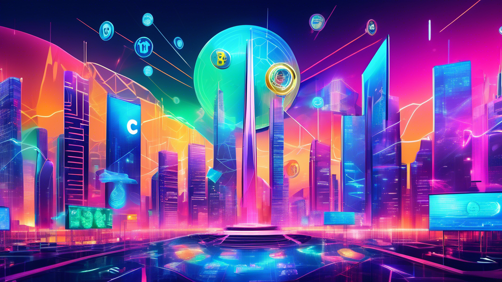 Create an image of a futuristic virtual cityscape with prominent billboards showcasing various new cryptocurrencies emerging in 2023. Include diverse digital coin logos and traders interacting with holographic financial charts and currency symbols, highlighting the dynamic and fast-evolving nature of the cryptocurrency market.