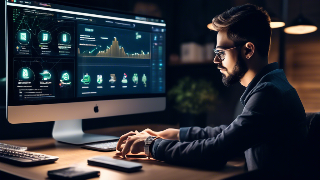 An image of a person sitting at a sleek, modern desk with a laptop open to a cryptocurrency exchange website. Surrounding the person are icons and symbols representing digital currencies like Bitcoin and Ethereum. The setting includes a secure and well-lit home office with a tidy, organized appearance. The person is seen verifying information on their phone using two-factor authentication. In the background, a bookshelf holds books related to finance and technology. A serene atmosphere emphasizes the safety and ease of the digital currency buying process.