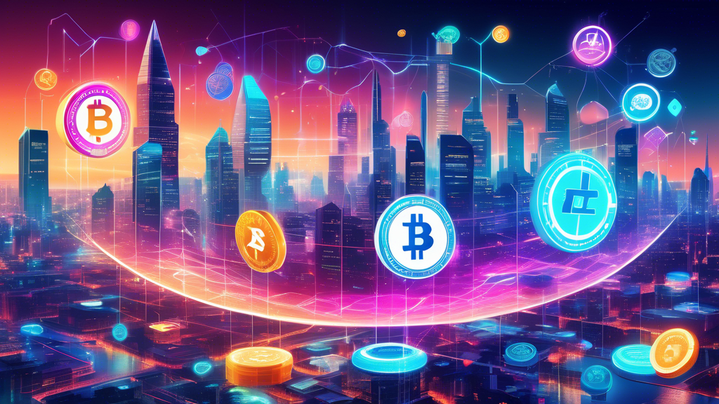 An imaginative futuristic scene featuring digital coins symbolizing multiple emerging cryptocurrencies, each with distinct and unique logos, glowing and orbiting around a central 2024 calendar. The background showcases dynamic elements of blockchain and network connections within a bright, cyberpunk cityscape, illustrating innovation and technological advancement.