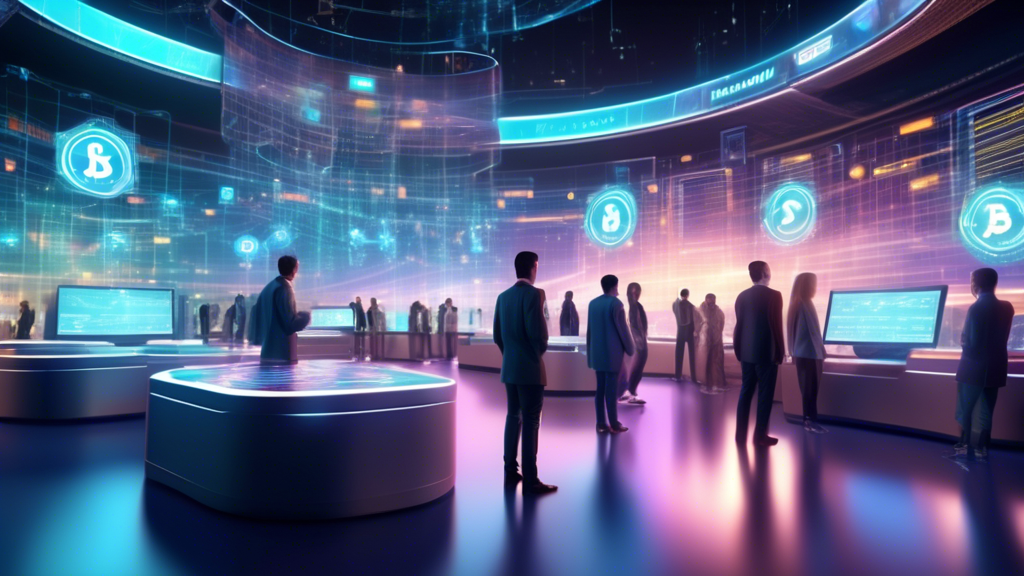 Create an image of a futuristic digital marketplace where diverse virtual currencies are being exchanged. Incorporate elements such as holographic currency symbols, people engaging in transactions on advanced devices, and a modern, high-tech environment filled with digital screens displaying fluctuating currency rates. The scene should convey a sense of secure, efficient, and dynamic trading in a technologically advanced world.